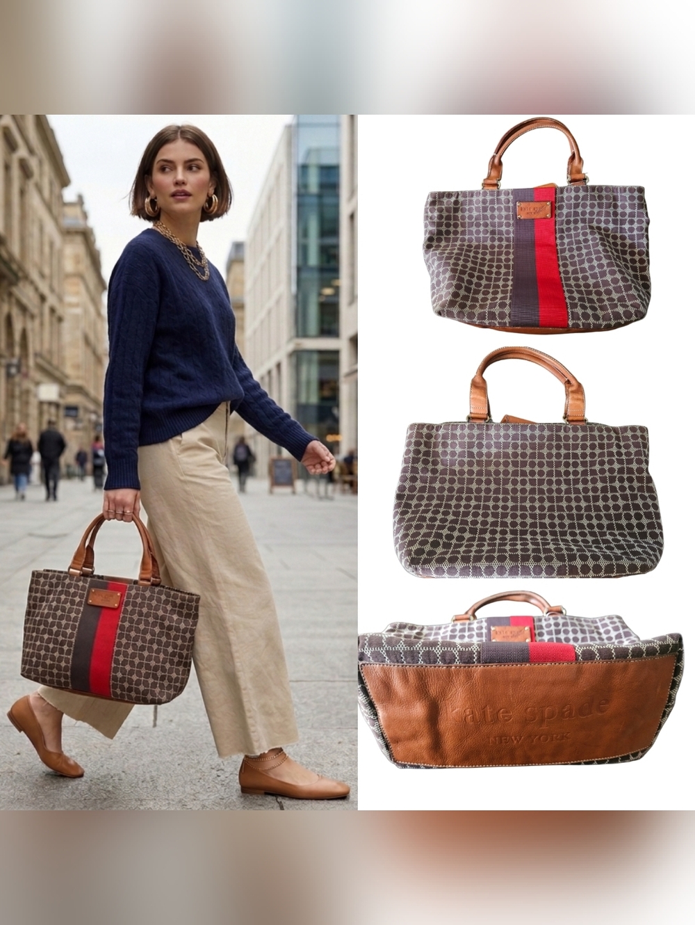 Kate Spade Noel Dot Jacquard Tote Bag Brown Red Stripe Leather Trim